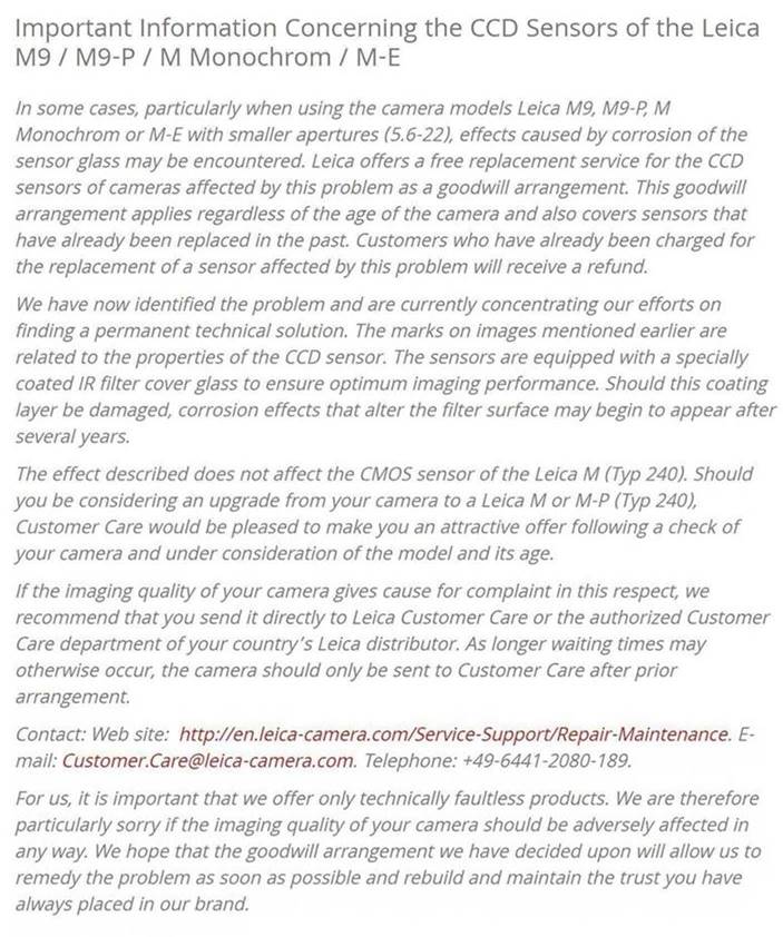 Leica 2014 announcement about CCD sensor corrosion