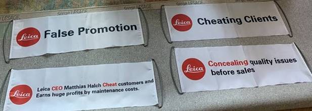 Protest banners: False Promotion, Cheating Clients, Concealing quality issues before sales