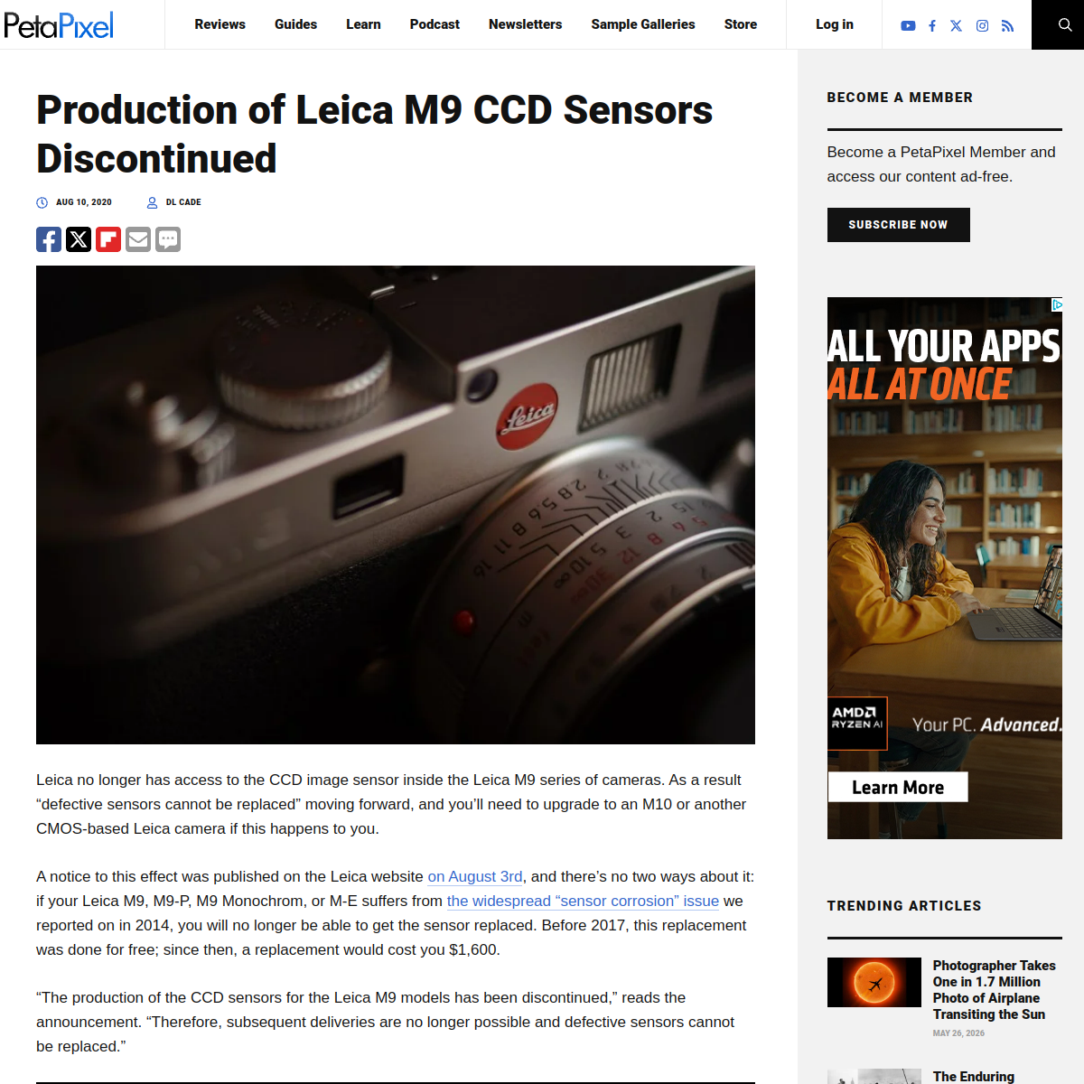2020 PetaPixel: Production of Leica M9 CCD sensors discontinued